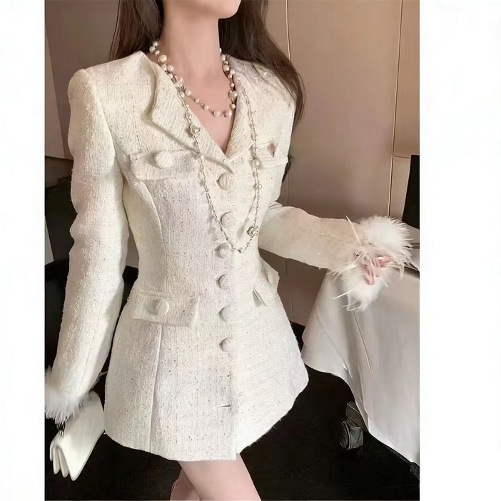 BROWMODA 여성 정장 카라 자켓 트위드 미니 원피스