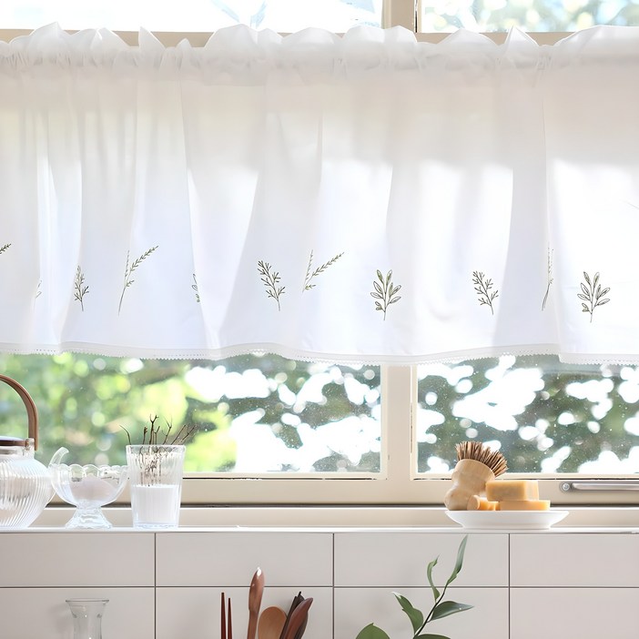 벨라이프 그린잎 자수 바란스 커튼