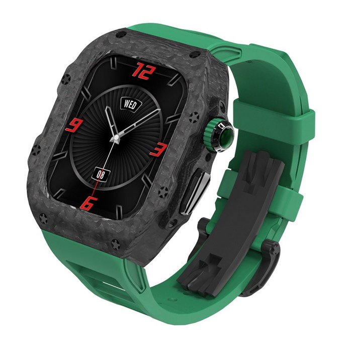 호환 애플워치110SEUltra 고무 탄소섬유 케이스실리콘 밴드 스테인리스 나비버클,4244454649mm, 그린