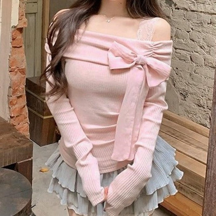 아이엠몽 여성 오프 숄더 레이스 리본 골지 티셔츠