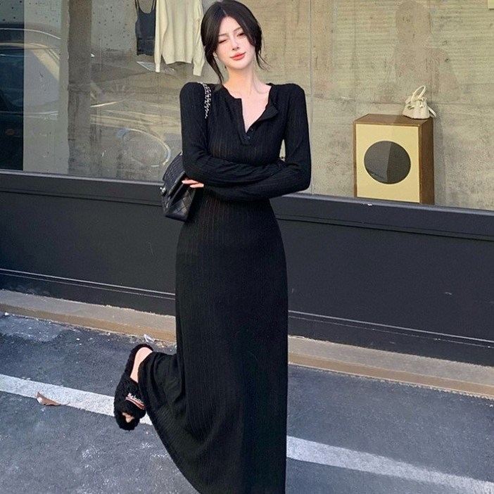 SAHINER 가을겨울 여성 골지 니트 롱원피스 슬림핏 브이넥 버튼 신축성 LWBQZ32