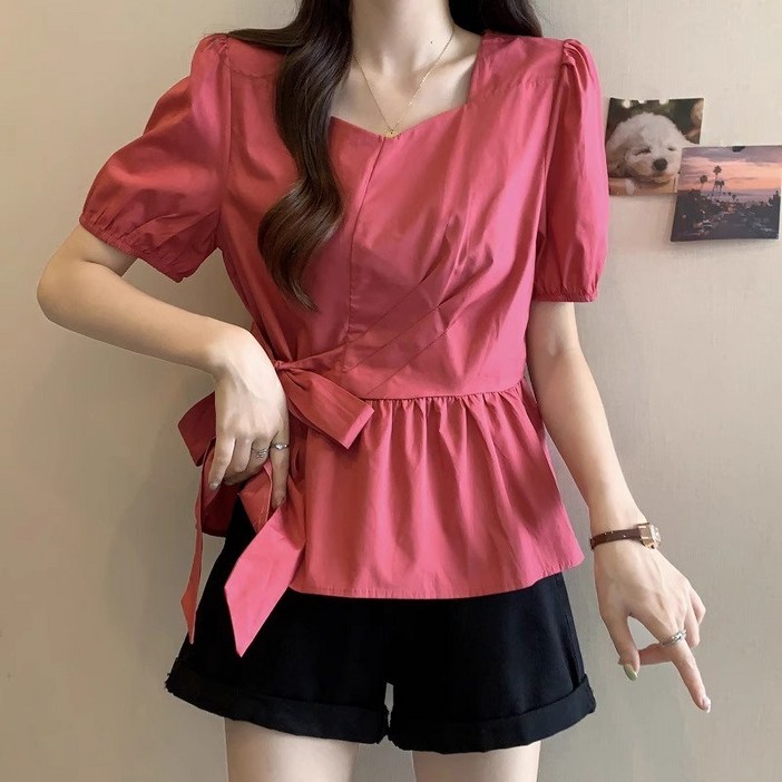 랩 블라우스 페플럼 여자 빅사이즈 핀턱 반팔 플리츠 셔츠 봄 퍼프 소매