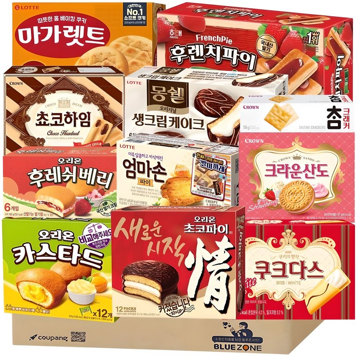 블루존 사무실 탕비실 간식 파이 과자 12종 세트 오리온초코파이카스타드참크래커후레쉬베리엄마손파이몽쉘마가렛트빅파이후렌치파이초코하임쿠크다스화이트딸기산도, 1개