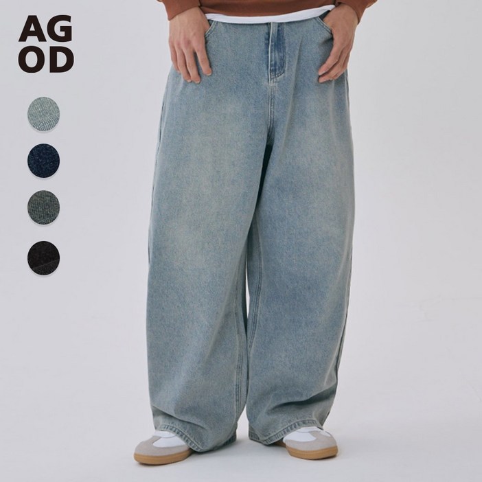 에이지오디 워시드 빈티지 와이드 벌룬 데님 팬츠 사계절 하체커버 벌룬핏 오버핏 와이드핏 남여공용 청바지 롱팬츠