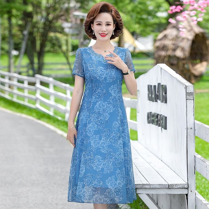 쉬폰 꽃무늬 원피스 중년 여성 40 50 대 반팔 스커트