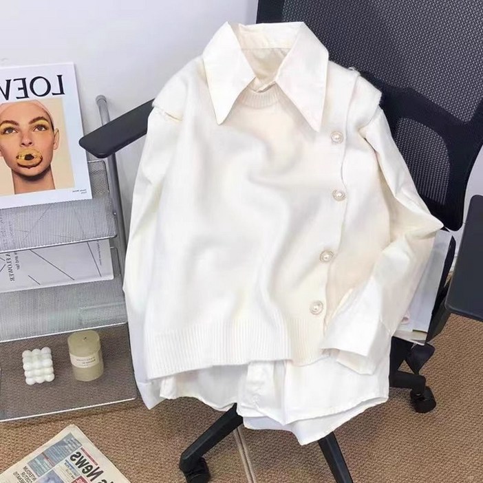 여성 봄 가을 니트 베스트 셔츠 투피스 세트 루즈핏 긴팔 셔츠 레이어드룩 빅사이즈 캐주얼 데일리룩 유니크 스타일 꾸안꾸 패션