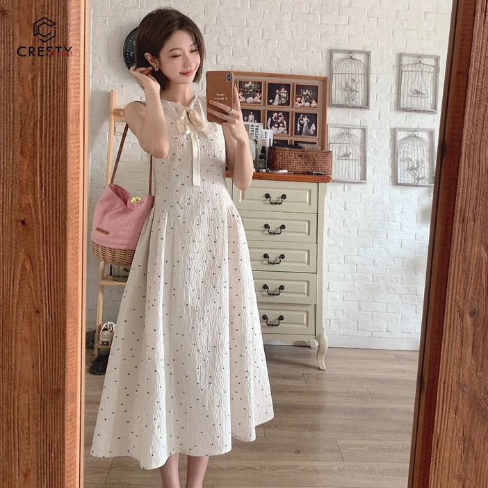 크레스티 여성 쉬폰 우아하다 롱원피스 리본 여름 데일리 스커트