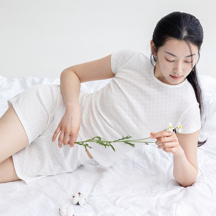 SET 싸이클린 100 오가닉코튼 포인텔 라운지웨어 세트 반팔티 반바지 휴가룩