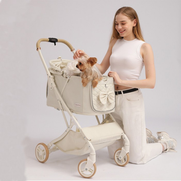 펫인올 세이프리 오토폴딩 애견 강아지 유모차, 크림 아이보리