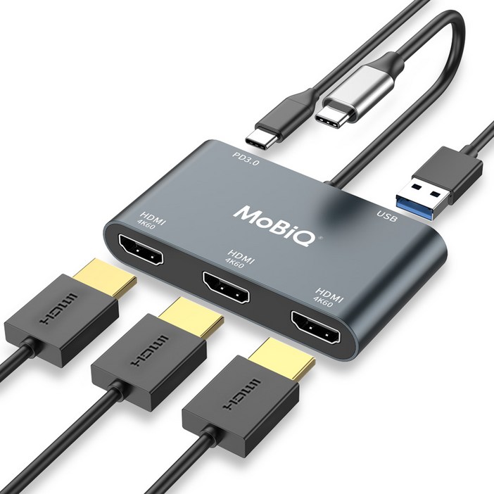 모비큐 C타입 4K60Hz 트리플 HDMI 3대 모니터 확장 멀티 5포트 USB 허브 분배기 3대 MST 출력 리얼텍 칩 적용, 1개, 그레이