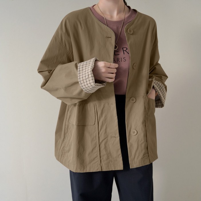 데일리앤 너틀리 오버핏 가을 여성 노카라 코튼 롤업 스트링 코지 자켓 루즈핏 빅사이즈 캐주얼 점퍼 간절기 아우터