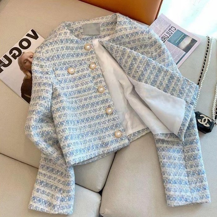 제이네오 여성용 크롭 프렌치 트위드 자켓 노카라 하객룩 재킷