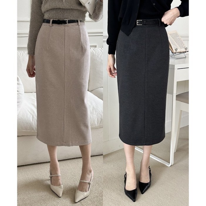 겨울 원단 도톰 벨트 세트 슬림 H라인 뒤트임 롱스커트