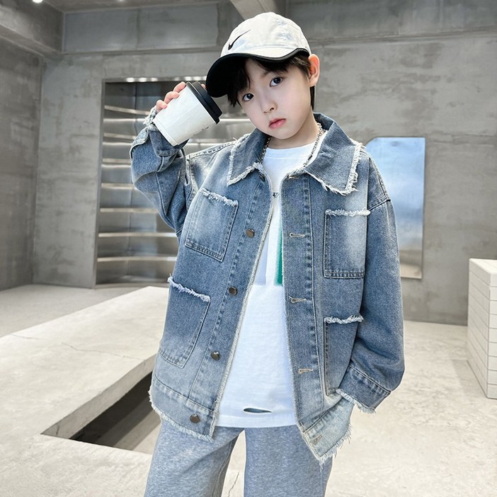 큐엘아리아 남아 데님 셔츠 초등생 청긴팔 자켓 초중생 봄 가을 청점퍼 포켓