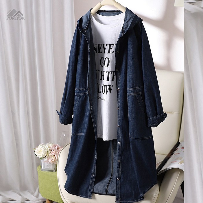 POMTOR 여성 춘추 루즈핏 데님 후드 셔츠 코트