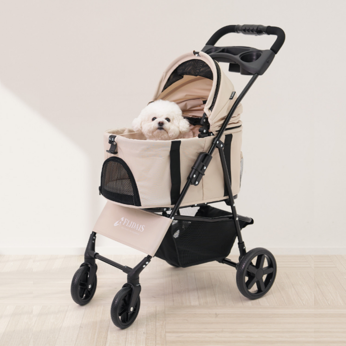 플리다스 실속형 원터치 펫 유모차 개모차 애견 반려견 경량 퀵폴딩 분리형 소형견 중형견, 아이보리, 1개
