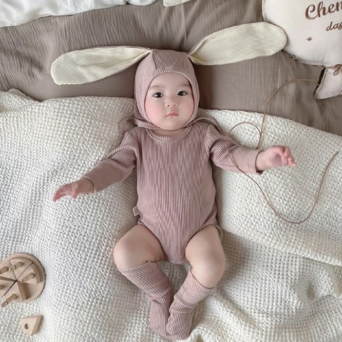 [당일발송] 아기 신생아 베이비 바디슈트 모자 세트 귀여운 토끼 모자 양말 옷 외출복