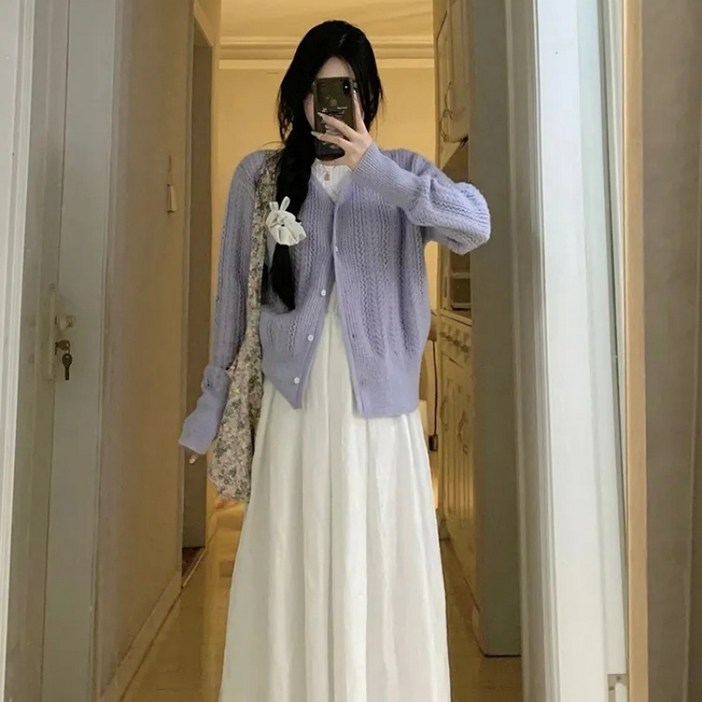 해피유통 여성용 봄 가을 빈티지 니트 가디건 긴 원피스 세트 심플 우아한 스타일 LMY