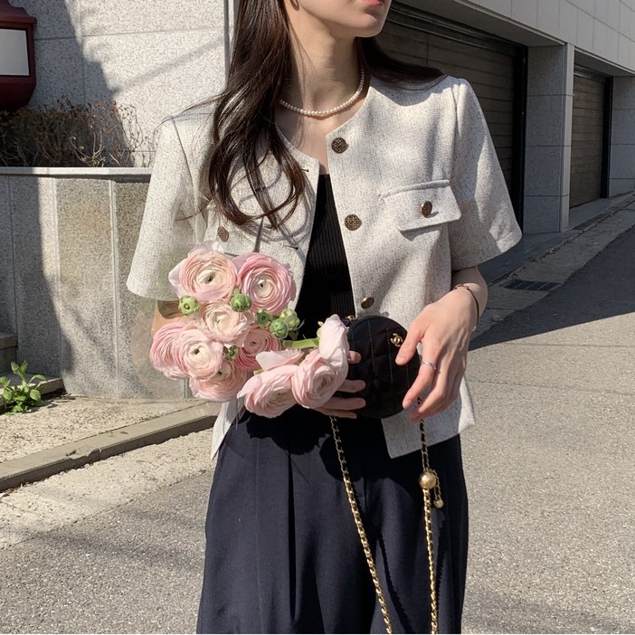 자체제작루어스룸 젤리 봄 여름 루즈핏 하객룩 포켓 라운드넥 빅사이즈 반팔 린넨자켓 숏 트위드 트위드 자켓