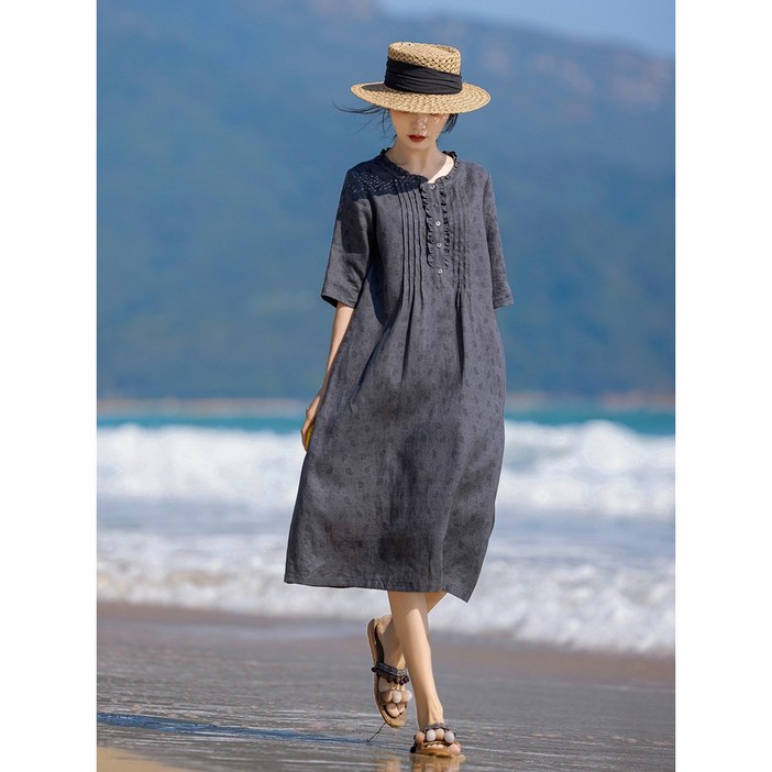 써니 사이즈 여성 봄여름 린넨 플라워 원피스 반소매 프린트 A라인 스커트봄여름 신상 77099