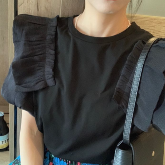 엔젤D  여성 쥬크니 어깨 프릴 반팔 티셔츠
