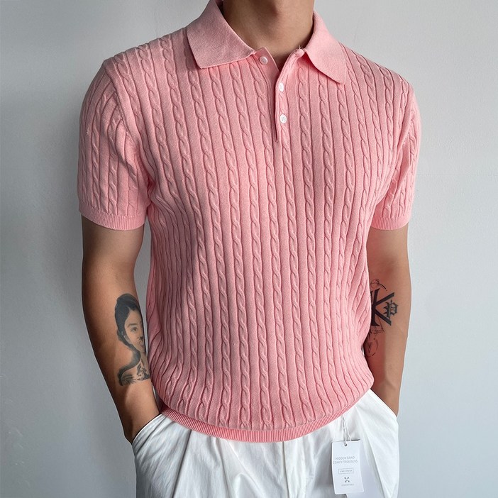 모룸 남자 파스텔 코튼 케이블 반팔 카라니트 M2231