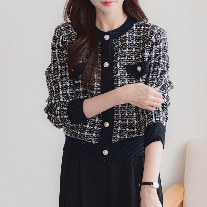 트위드 체크 진주 여성 니트 가디건