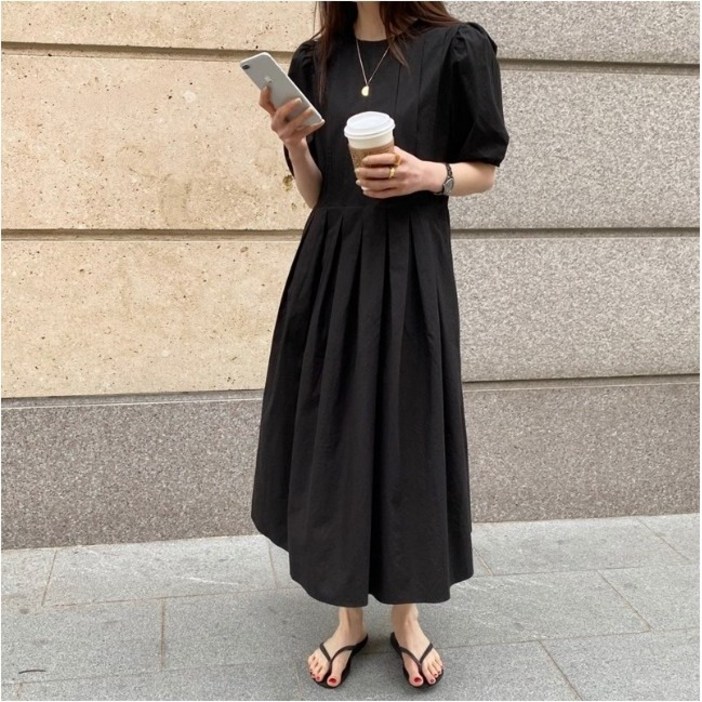 라운드 핀턱 소매퍼프 반팔 롱 원피스