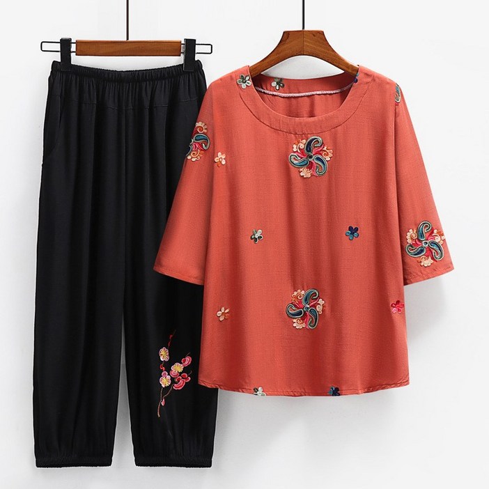 여성 중장년 편한 포인트 패턴 반팔티   블랙 밴딩 바지 상하의세트