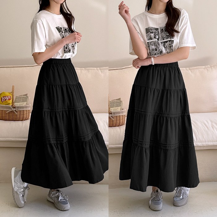 데일리앤 아이네 플레어 셔링 롱 스커트 A라인 캉캉 밴딩 치마 봄 가을