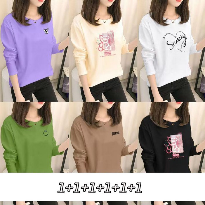 YLEMI 111111 봄 가을 사계절 간절기 이너 기본 티셔츠 여유로운 여성 긴팔티셔츠