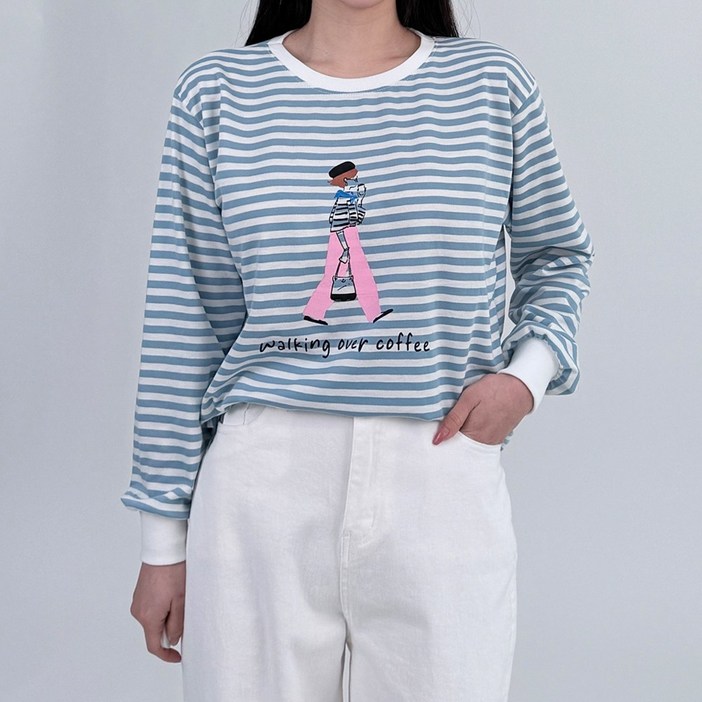 워크걸 스트라이프 배색 쭈리 루즈핏 캐쥬얼 맨투맨 티셔츠