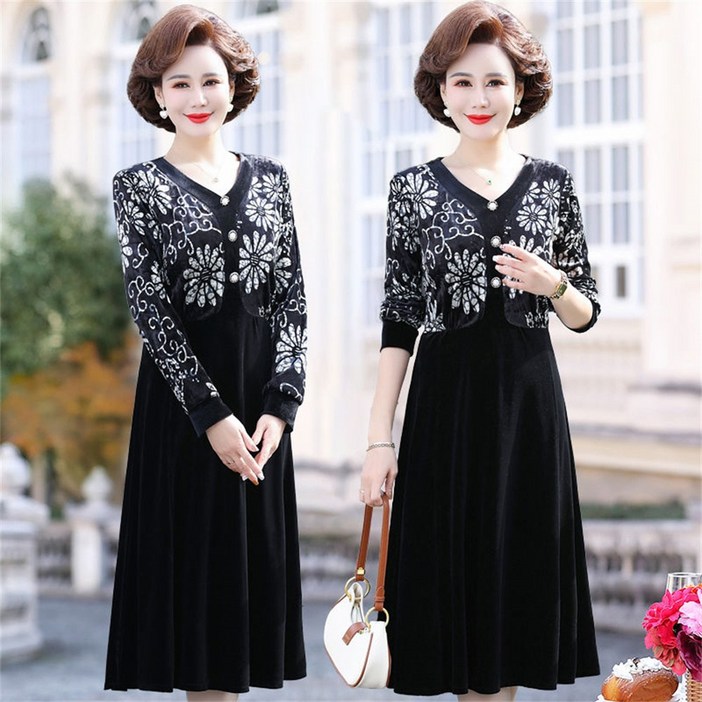 besteffie 중년 여성용 우아한 자수 벨벳 원피스 긴팔 V넥 드레스  K88