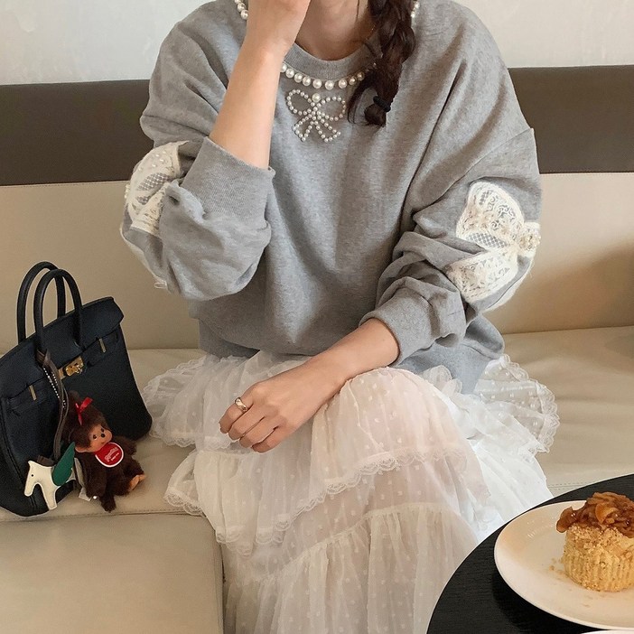 여성 아방핏 러블리 봉봉 리본자수 진주 디테일 맨투맨