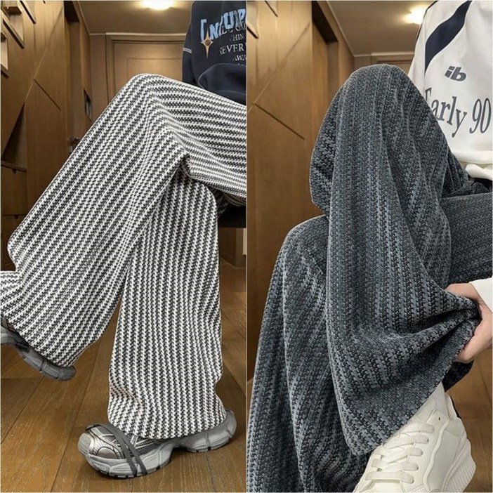 JIEVE 남성 여유로운 스타일 니트 팬츠 스트라이프 패턴 캐주얼 바지 가을 겨울 H16