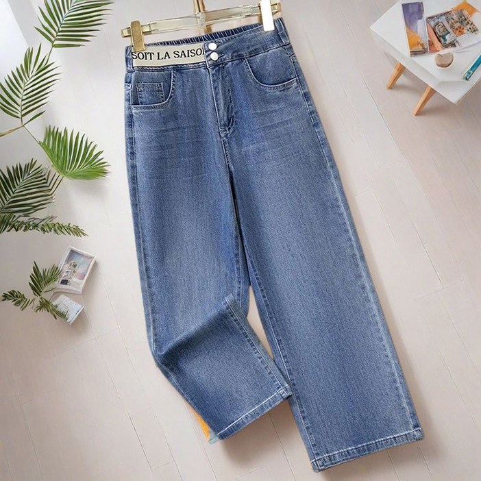 여성 밴딩 와이드 9부 데님 팬츠 루즈핏 여름 얇은 키작녀 와이드 청바지