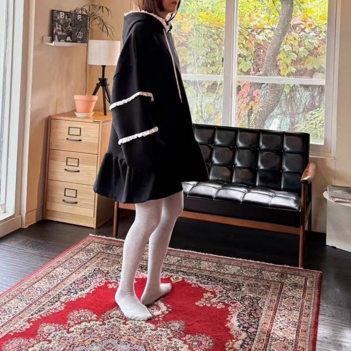 다중성 여성 가을 겨울 데일리 빅사이즈 기모 레이스 루즈핏 A라인 미니 후드 원피스25jmh11jj