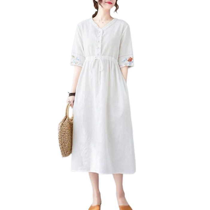 여름 에스닉 면 마 원피스 여 고급 허리 조임 루즈핏 날씬해 보이는 기질 린넨 스커트 개량 한복 일상복 나들이룩