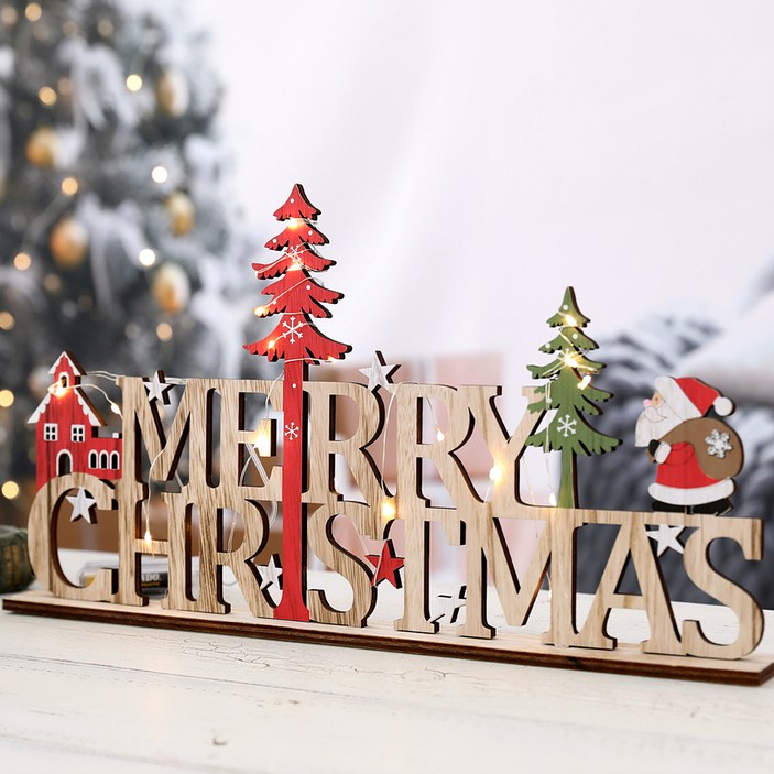 행복한마을 크리스마스 데코소품 크리스마스우드 사인  받침  세무줄  LED 전구