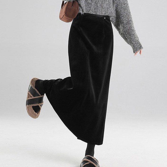 퀸이즈 여성용 벨벳 기모 데일리 롱 스커트