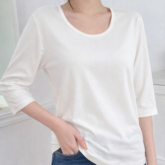 라라온 여성용 베이직 심플 U넥 8부 스판 티셔츠 26TSP3696