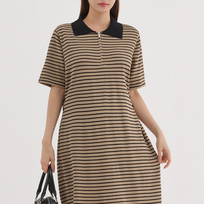 엘쏘 반집업 루즈핏 스트라이프 카라 롱 반팔 니트 원피스