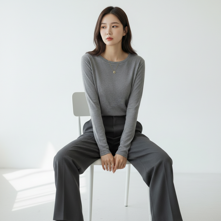 구디프 여성용 무지 라운드넥 베이직 긴팔 티셔츠