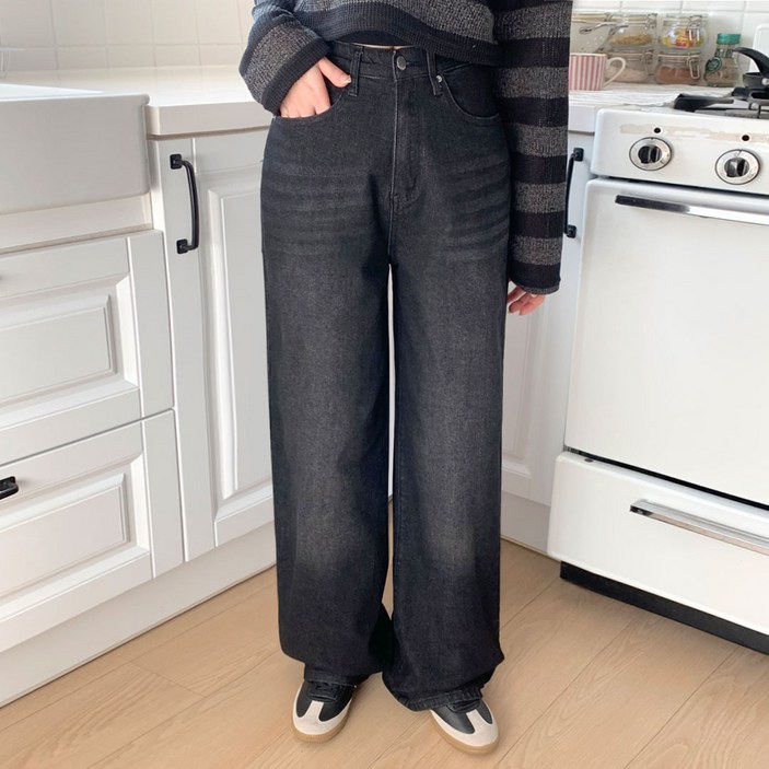 플랜데이 여성용 온프 탄탄 세미와이드 데님 팬츠 롱