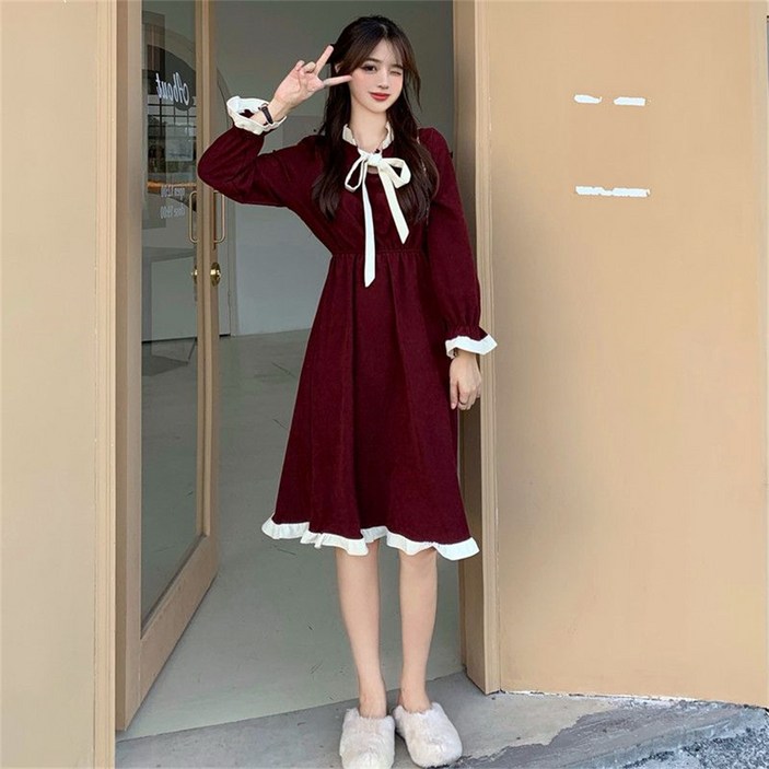 TKX 여성용 봄가을 복고풍 레트로 루즈핏 프릴 장식 리본 긴팔 원피스 데이트룩 KZ95