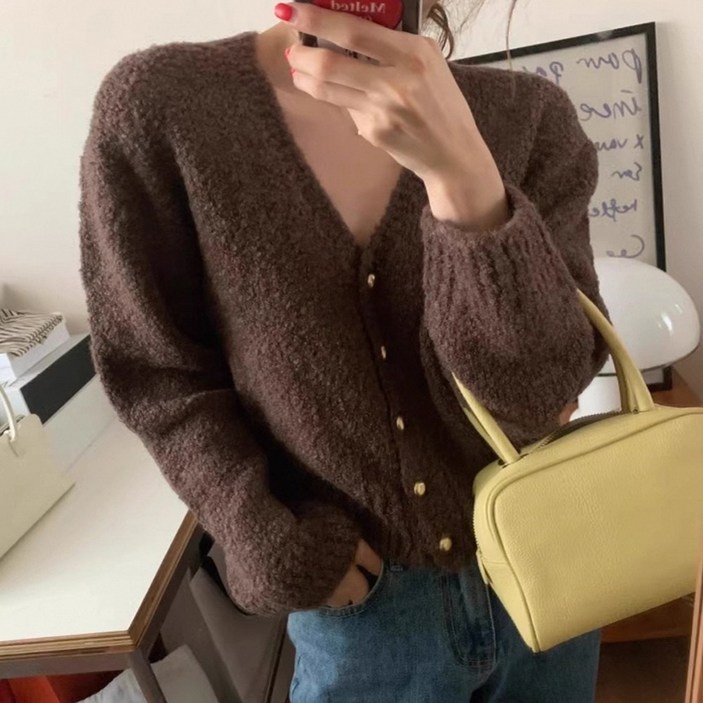 [오나스타일] 모던클래식 부클 니트 가디건 도톰 브이넥 긴소매