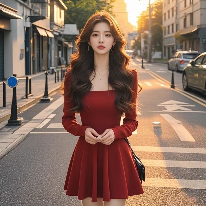 봄 가을 여성 긴팔 원피스 빈티지 스퀘어 미니 원피스 빅사이즈 허리 조임 a라인 여자 미니 원피스 CJJ