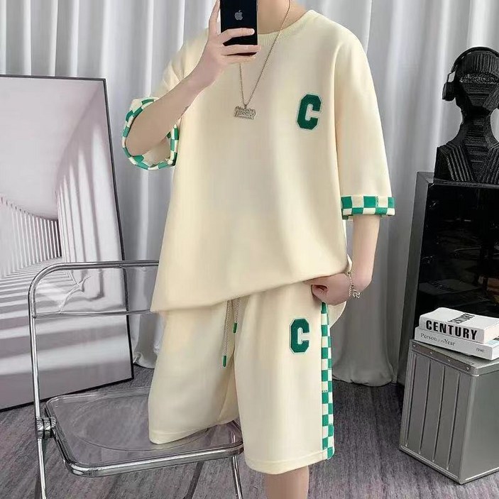 besteffie 투피스 남성 여름 캐주얼 셋업 반팔 상하의 세트 편안한 운동복 체크 패턴 프린트 K51