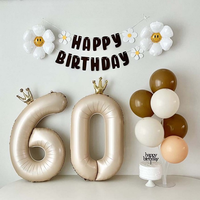 연지마켓 환갑이벤트 데이지 숫자 풍선 환갑 칠순 생일 파티 용품 세트, 1세트, 베이지60풍선다발