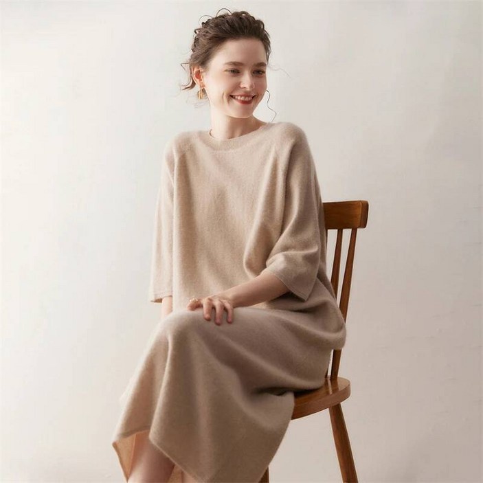 캐시미어원피스 캐시미어 100 원피스 니트 스커트 치마 여성 봄 겨울 라운드 빅사이즈 7부 소매 캐주얼